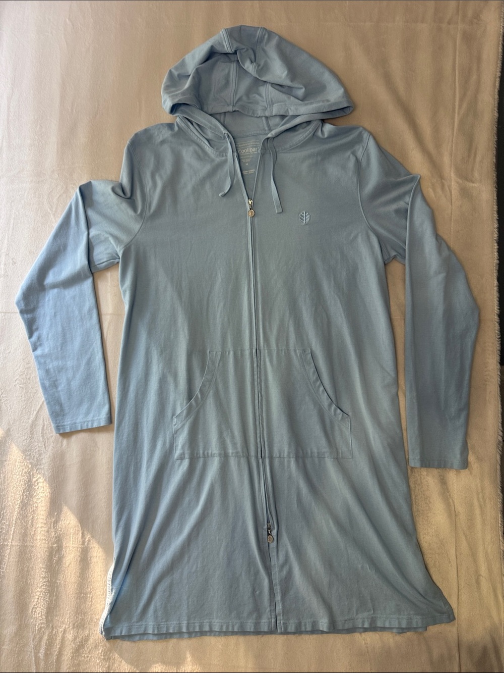 Coolibar Cabana Hoodie UPf 50+ Light Blue Hooded Longline Zip-Up Jacket Size Med